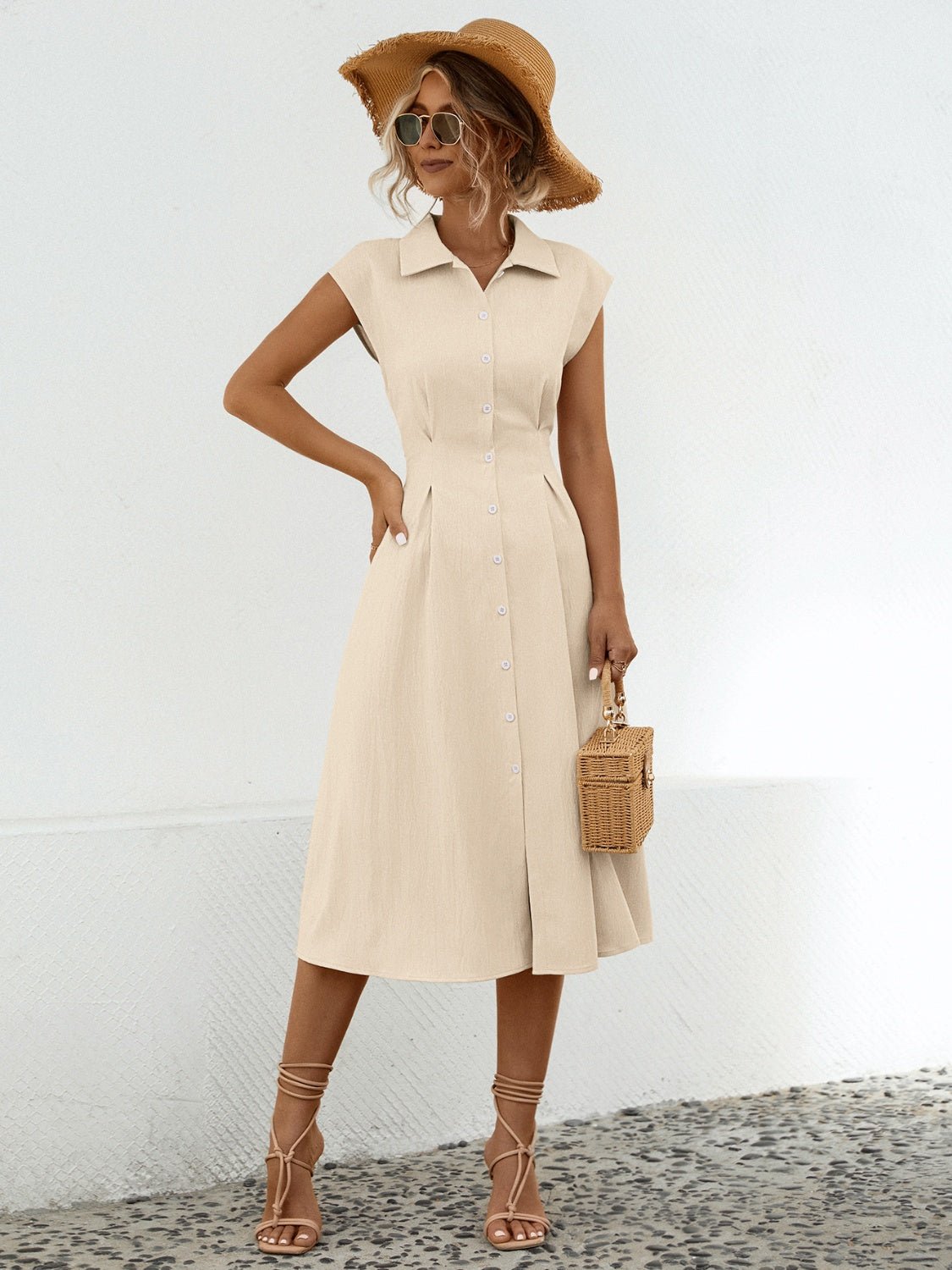 Button Up Cap Sleeve Midi Dress - Runway Regalia