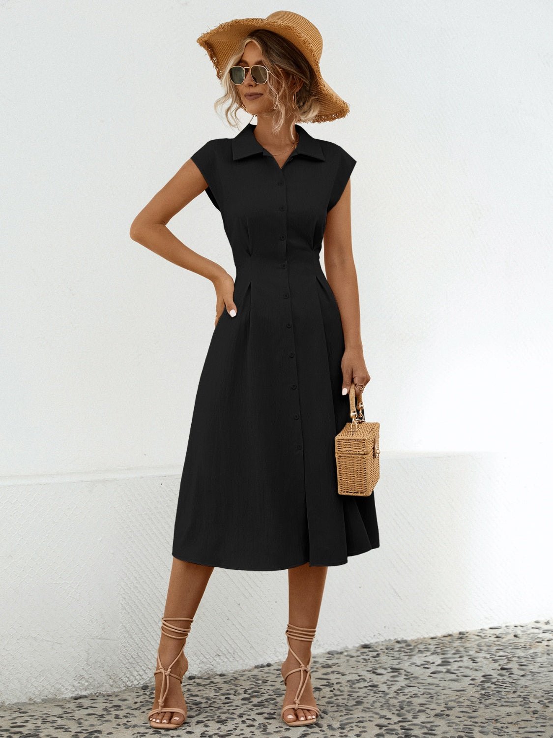 Button Up Cap Sleeve Midi Dress - Runway Regalia