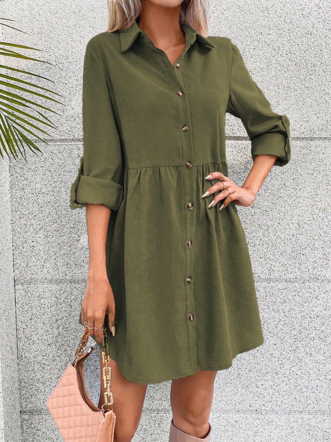 Button Up Collared Neck Long Sleeve Dress - Runway Regalia