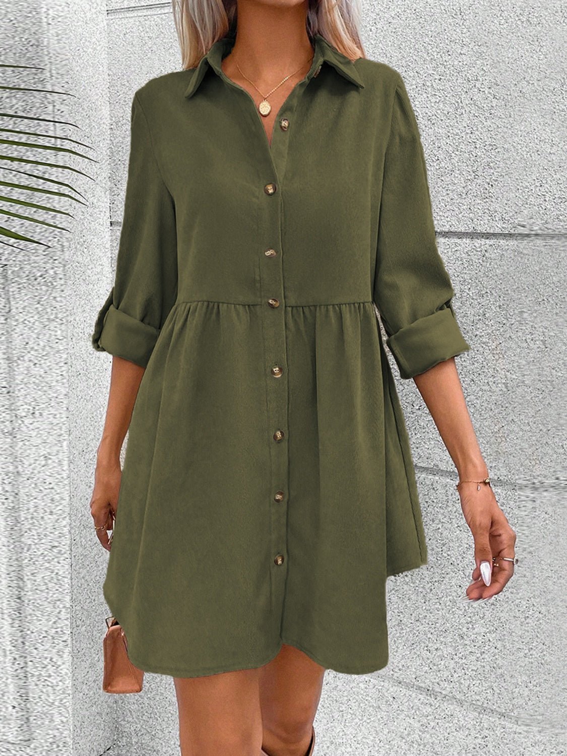 Button Up Collared Neck Long Sleeve Dress - Runway Regalia