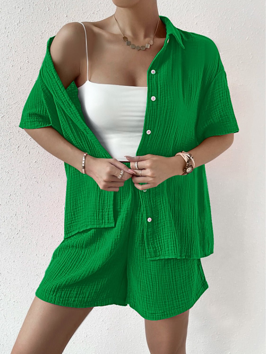 Button Up Half Sleeve Top and Shorts Set - Runway Regalia