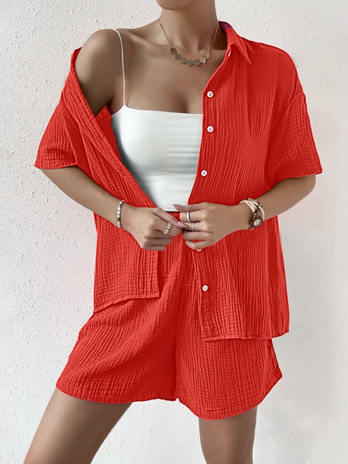 Button Up Half Sleeve Top and Shorts Set - Runway Regalia