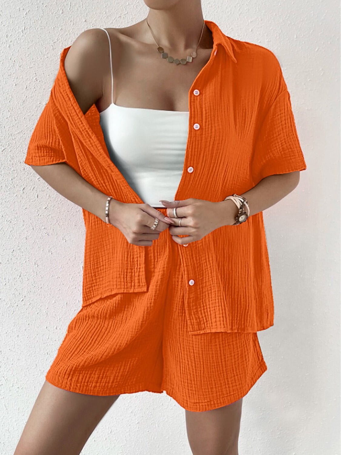 Button Up Half Sleeve Top and Shorts Set - Runway Regalia