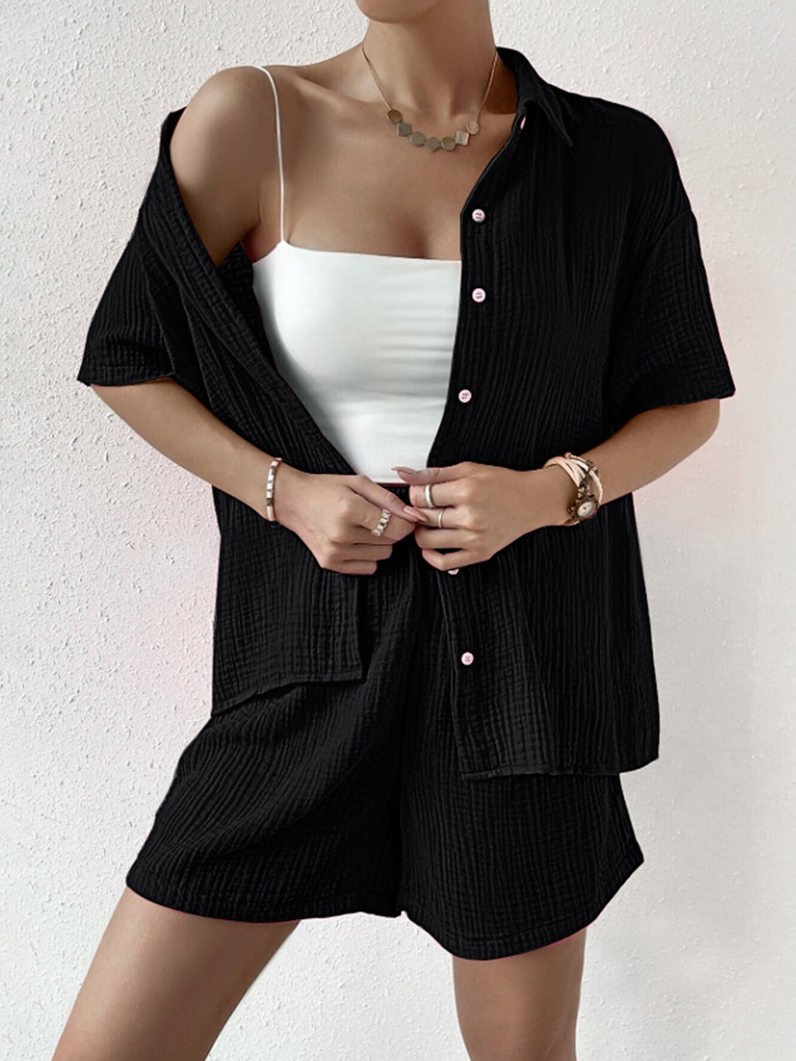 Button Up Half Sleeve Top and Shorts Set - Runway Regalia