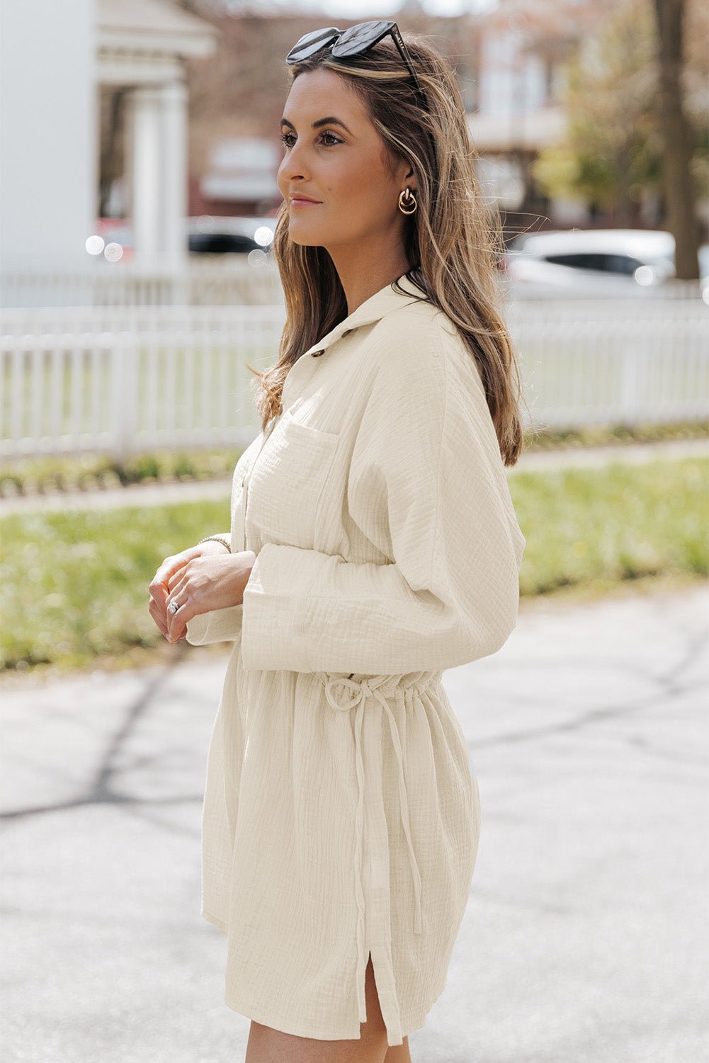 Button - Up Long Sleeve Collared Neck Mini Dress - Runway Regalia