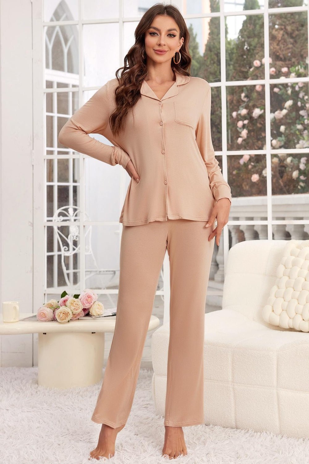 Button Up Long Sleeve Top and Pants Lounge Set - Runway Regalia