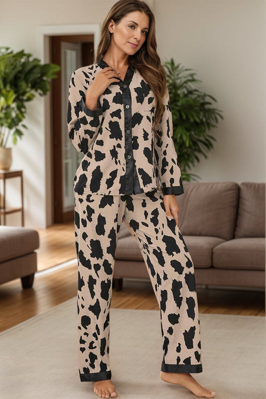 Button Up Long Sleeve Top and Pants Lounge Set - Runway Regalia