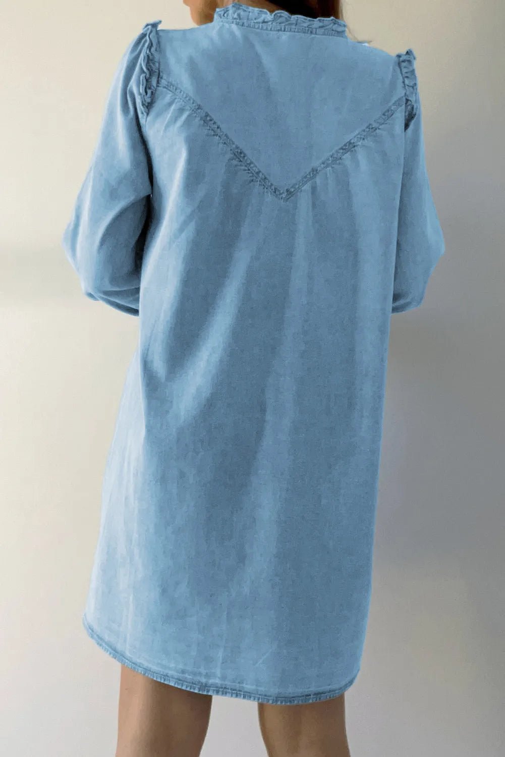 Button Up Notched Long Sleeve Denim Dress - Runway Regalia