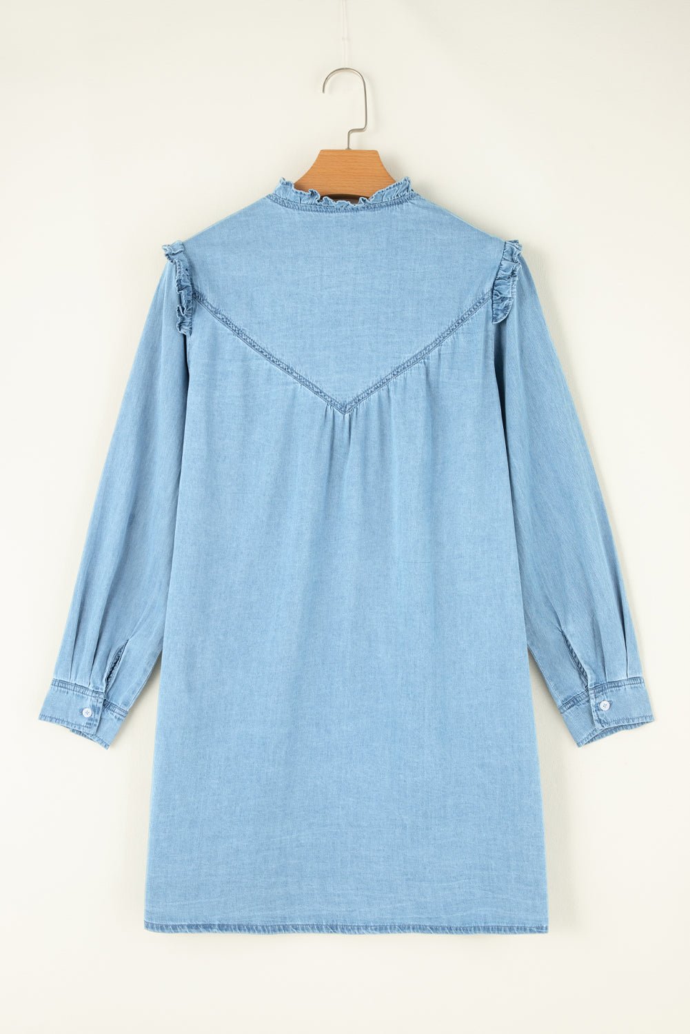 Button Up Notched Long Sleeve Denim Dress - Runway Regalia