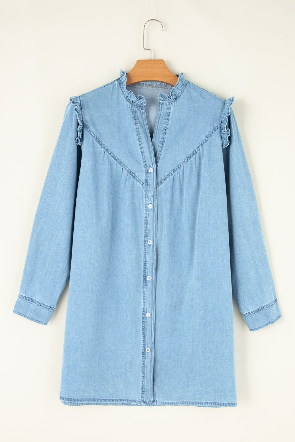 Button Up Notched Long Sleeve Denim Dress - Runway Regalia