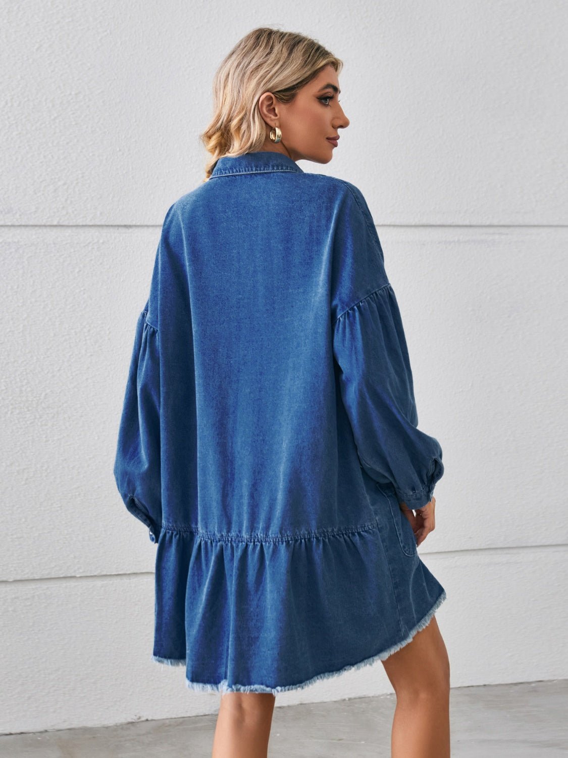 Button Up Pocketed Raw Hem Denim Dress - Runway Regalia