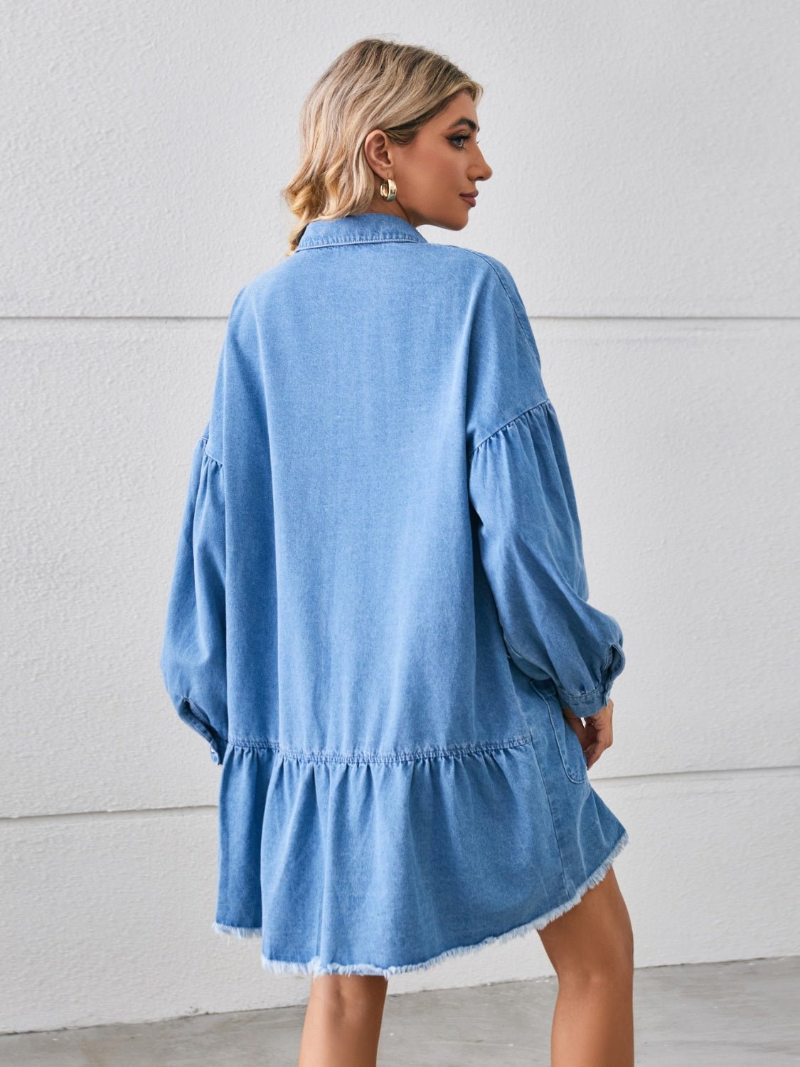 Button Up Pocketed Raw Hem Denim Dress - Runway Regalia