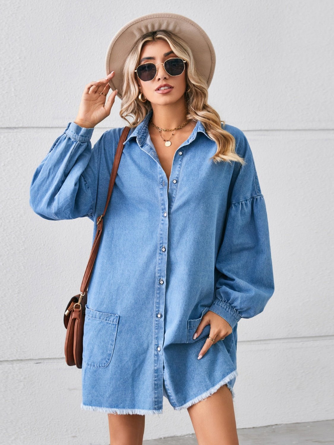 Button Up Pocketed Raw Hem Denim Dress - Runway Regalia