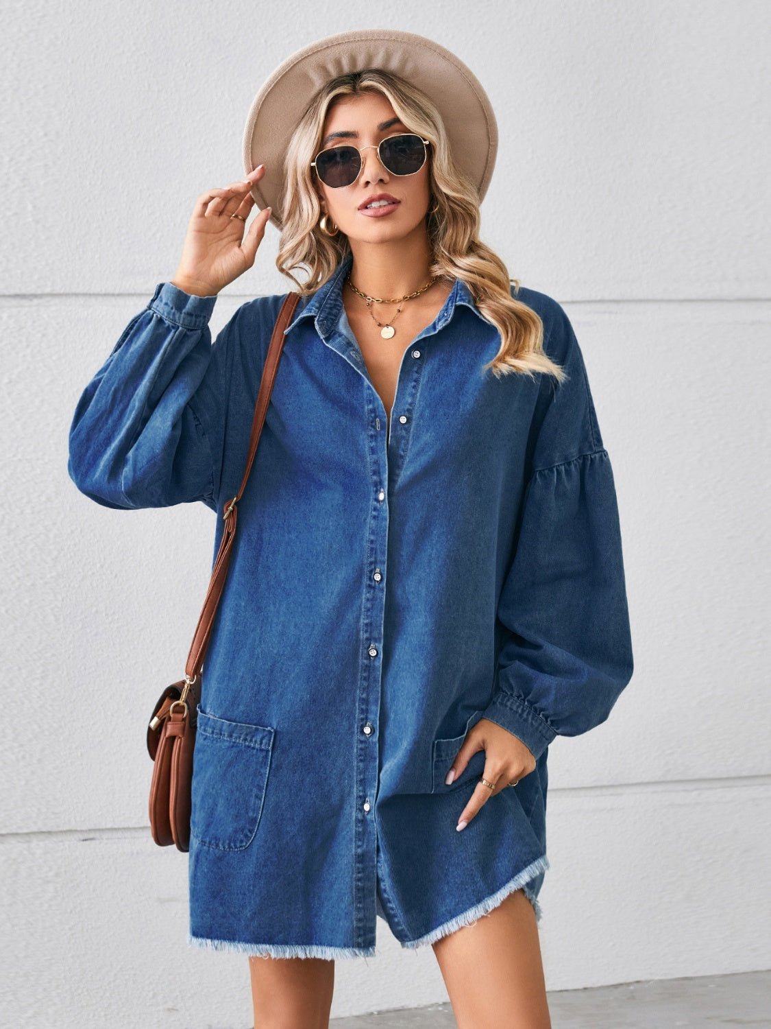 Button Up Pocketed Raw Hem Denim Dress - Runway Regalia