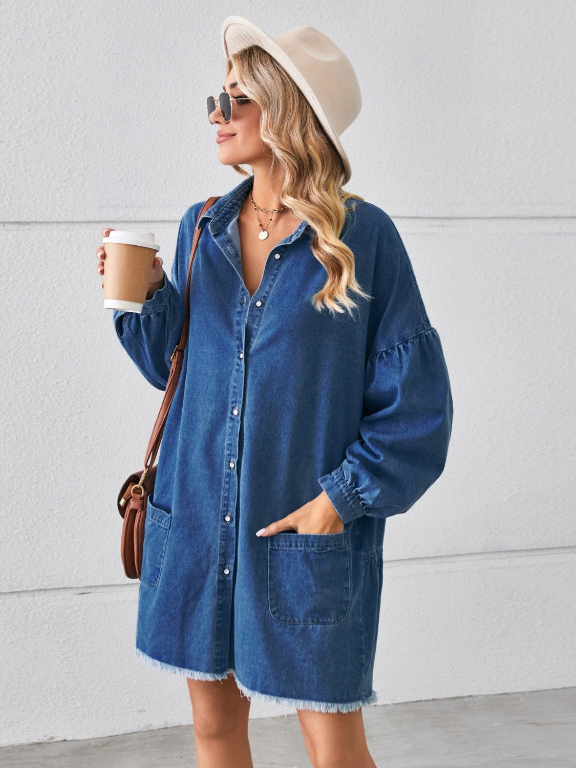 Button Up Pocketed Raw Hem Denim Dress - Runway Regalia