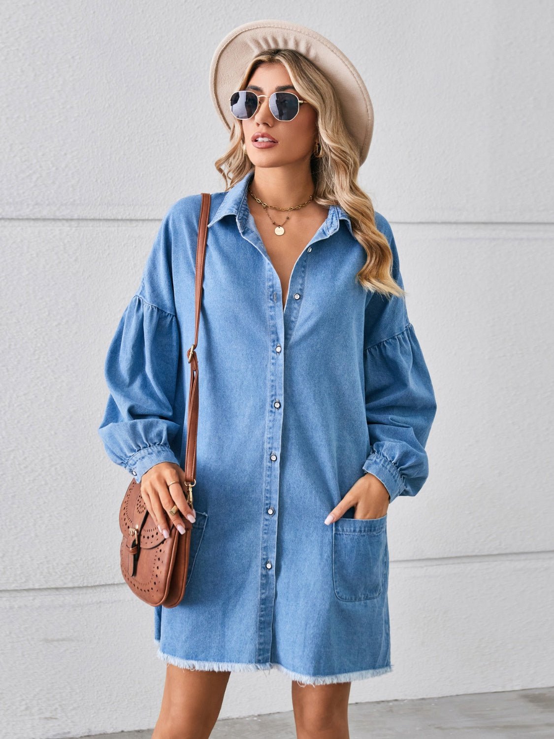 Button Up Pocketed Raw Hem Denim Dress - Runway Regalia