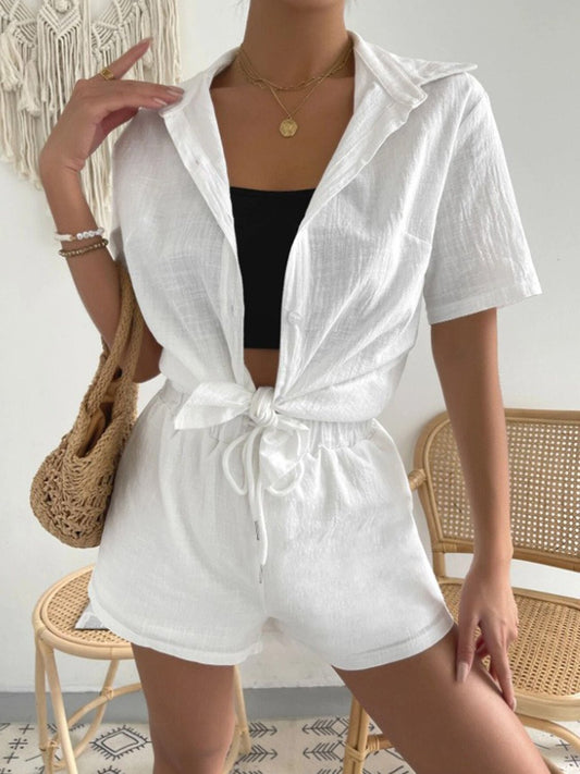 Button Up Short Sleeve Shirt and Drawstring Shorts Set - Runway Regalia