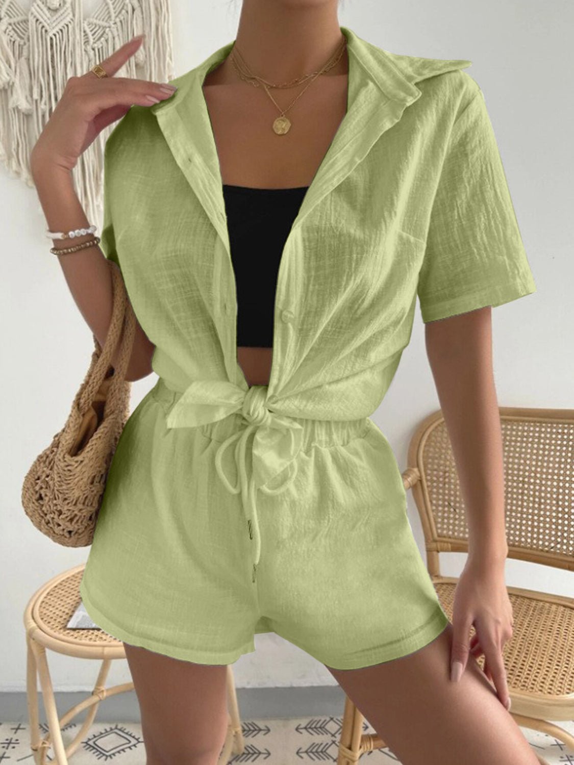 Button Up Short Sleeve Shirt and Drawstring Shorts Set - Runway Regalia