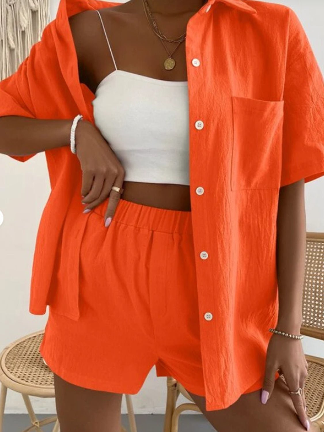 Button Up Short Sleeve Shirt and Shorts Set - Runway Regalia