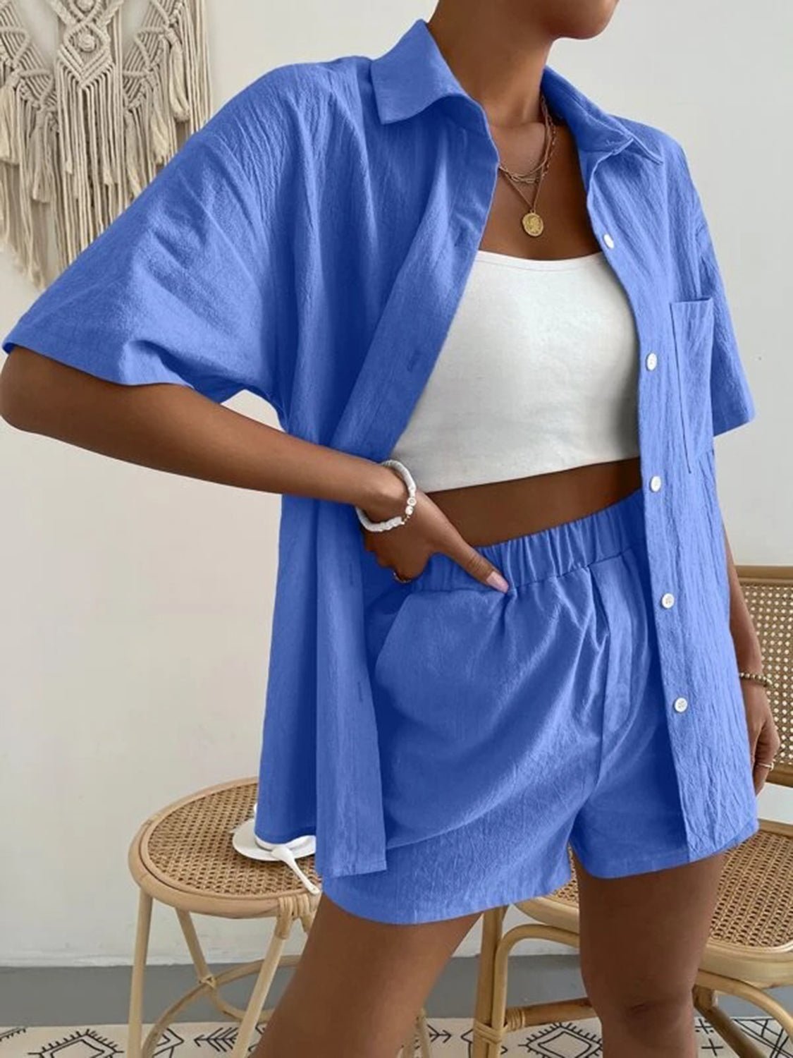 Button Up Short Sleeve Shirt and Shorts Set - Runway Regalia