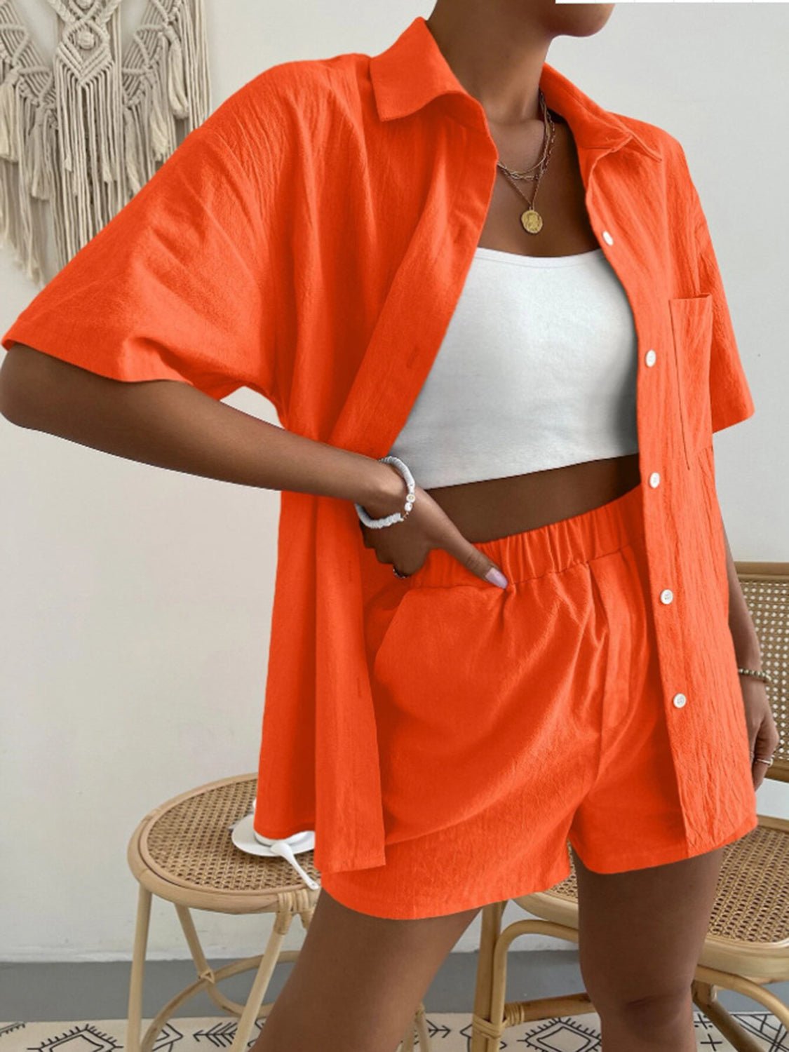 Button Up Short Sleeve Shirt and Shorts Set - Runway Regalia