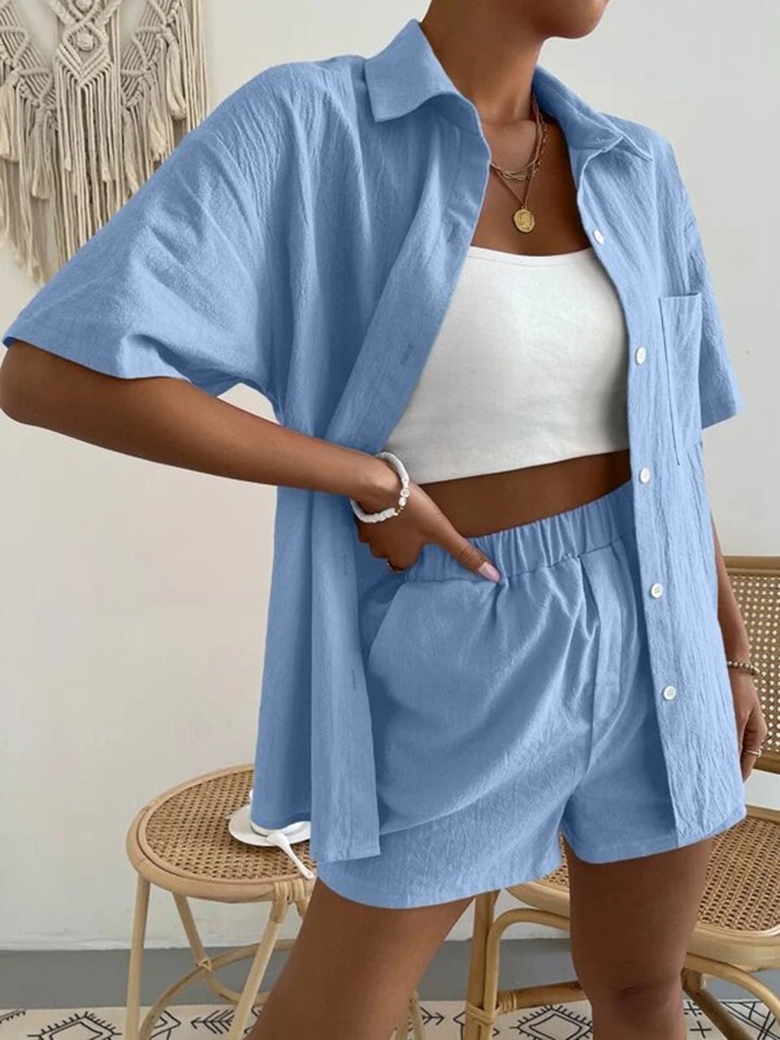 Button Up Short Sleeve Shirt and Shorts Set - Runway Regalia