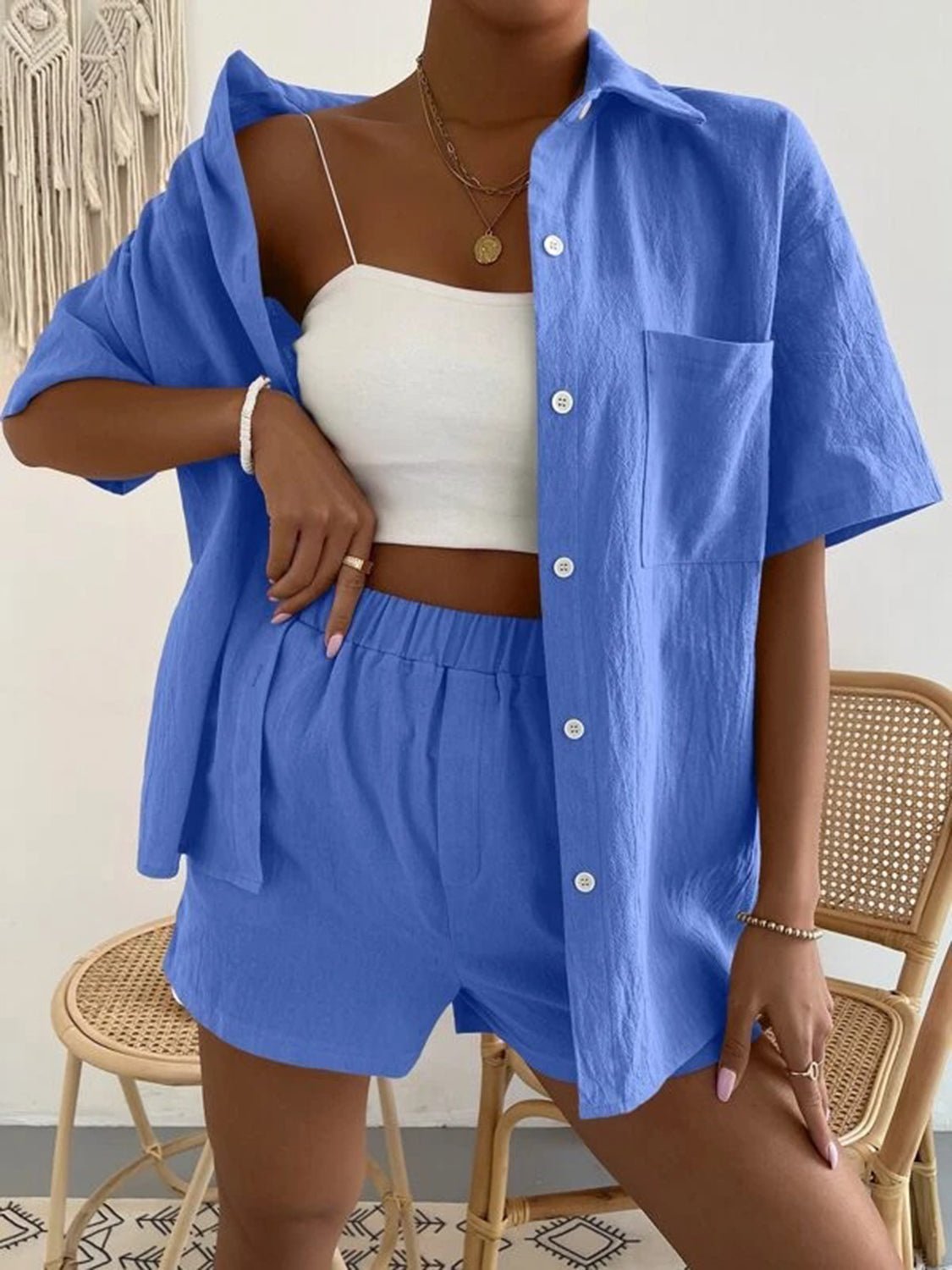 Button Up Short Sleeve Shirt and Shorts Set - Runway Regalia