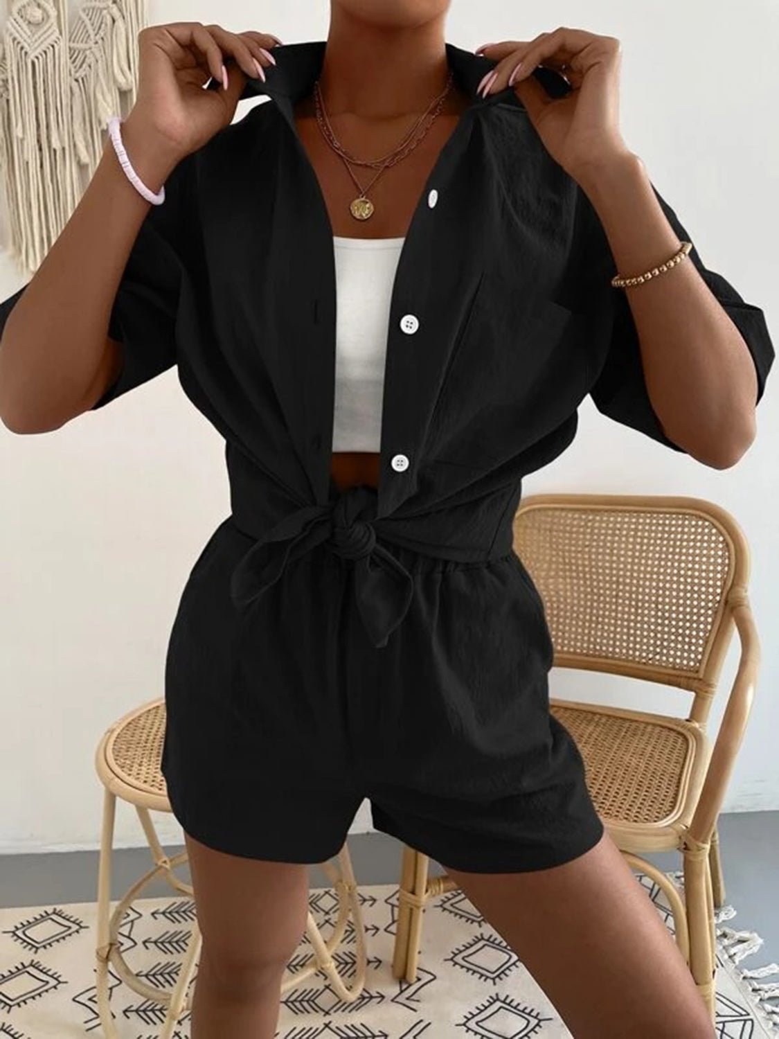 Button Up Short Sleeve Shirt and Shorts Set - Runway Regalia