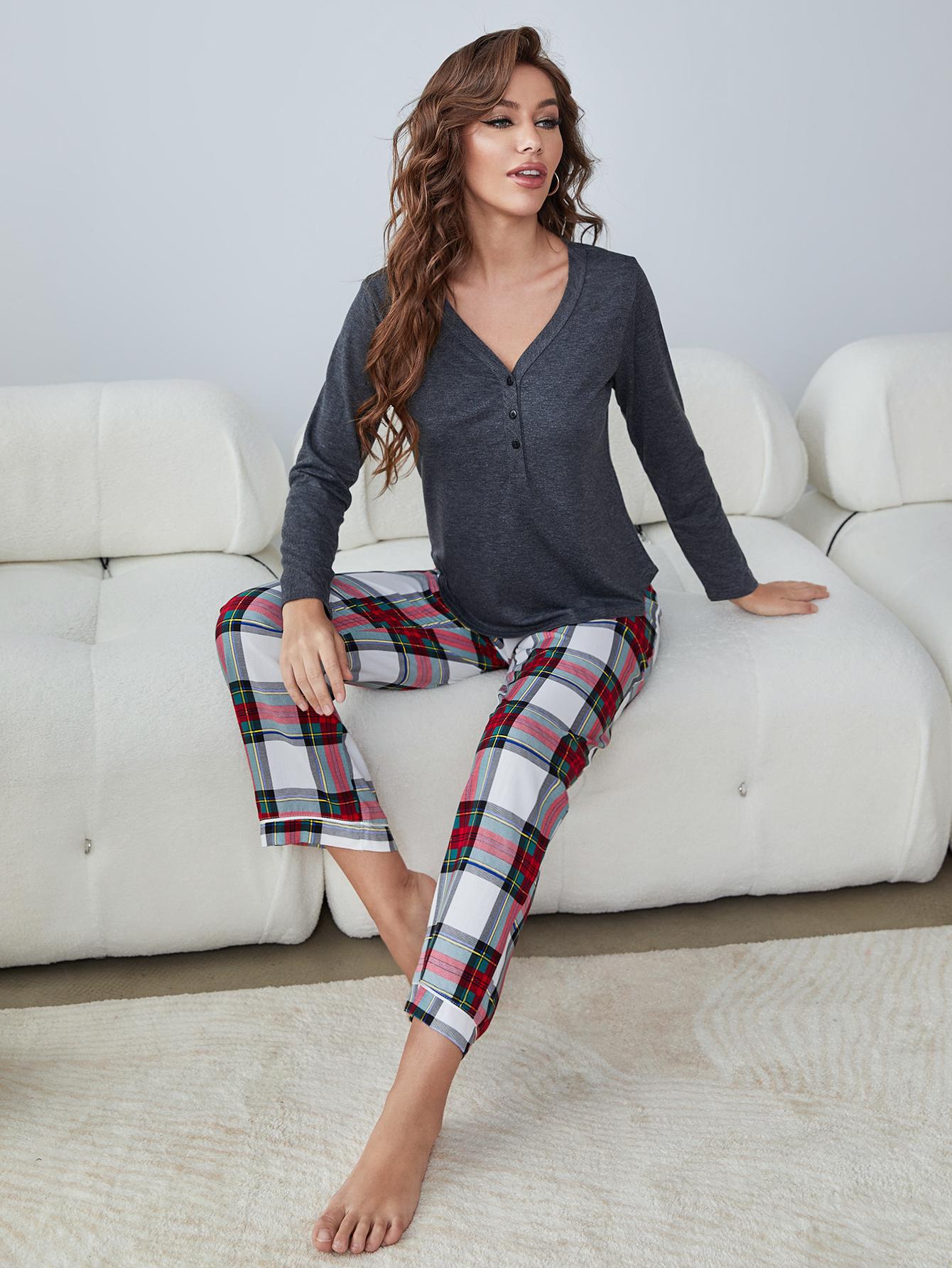 Buttoned Long Sleeve Top and Plaid Pants Lounge Set - Runway Regalia