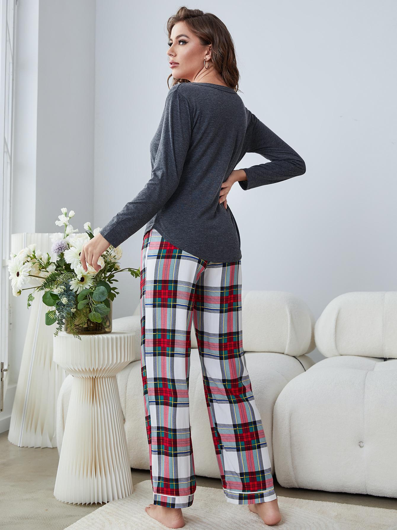 Buttoned Long Sleeve Top and Plaid Pants Lounge Set - Runway Regalia