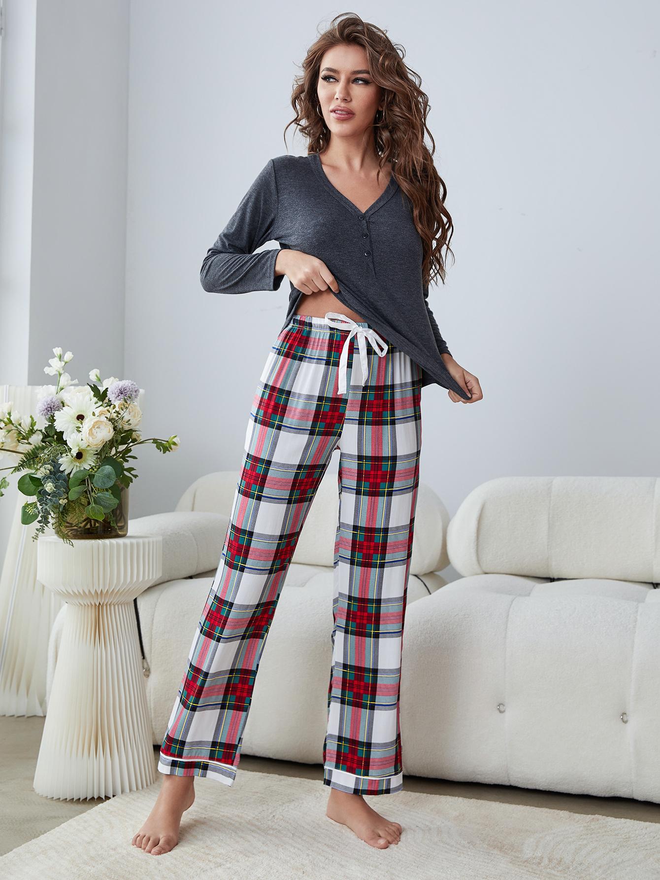 Buttoned Long Sleeve Top and Plaid Pants Lounge Set - Runway Regalia