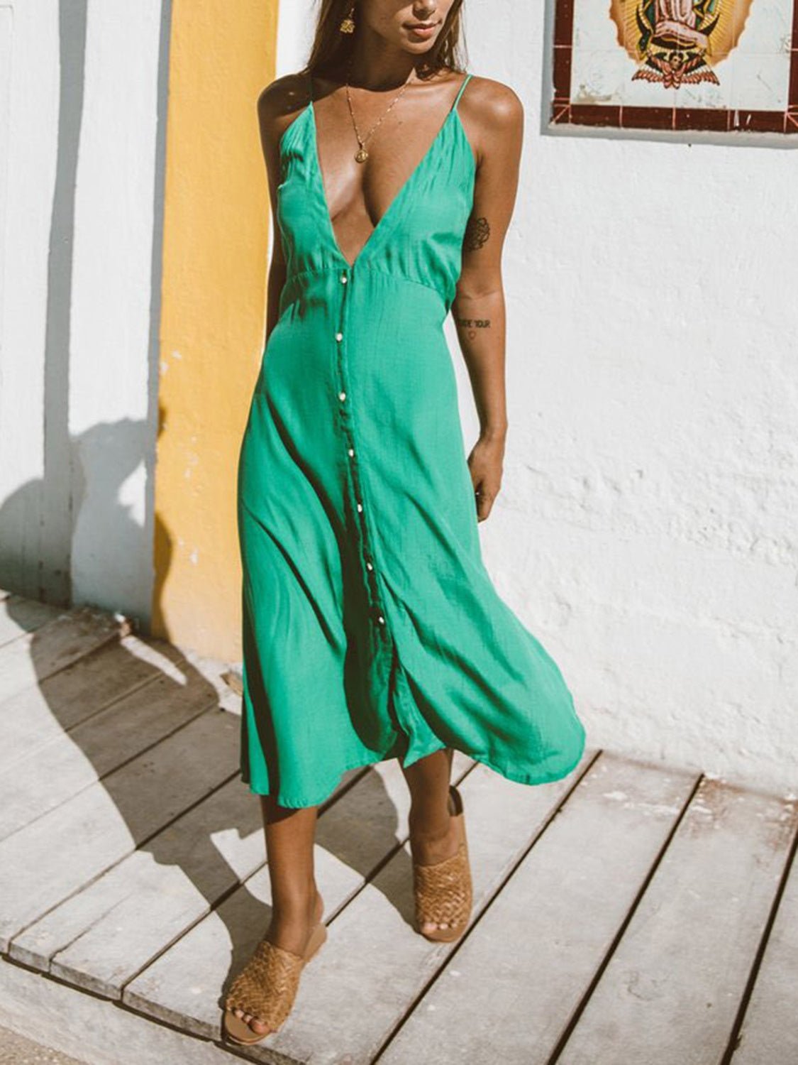 Buttoned Plunge Midi Cami Dress - Runway Regalia