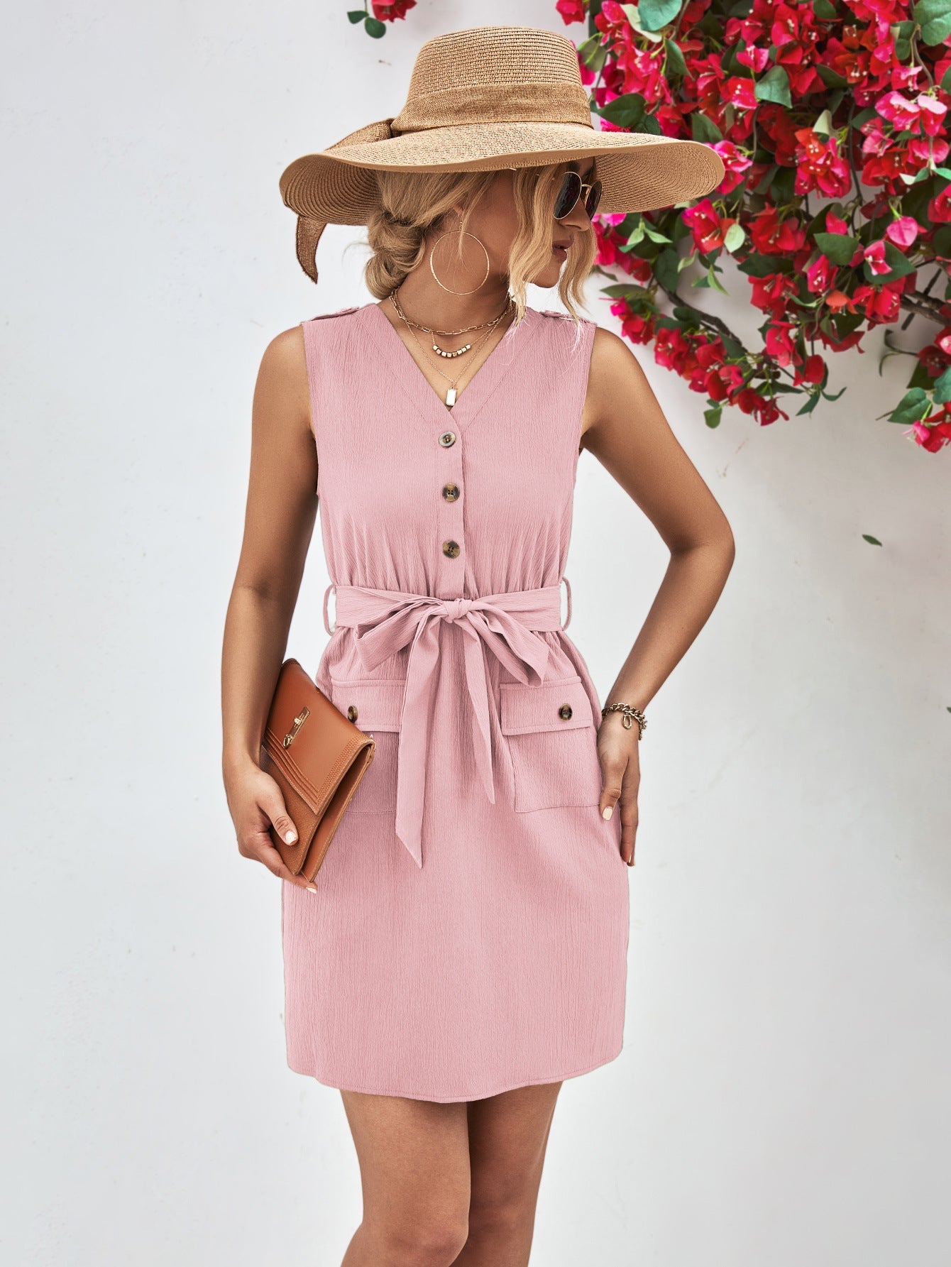 Buttoned V - Neck Belted Sleeveless Dress - Runway Regalia