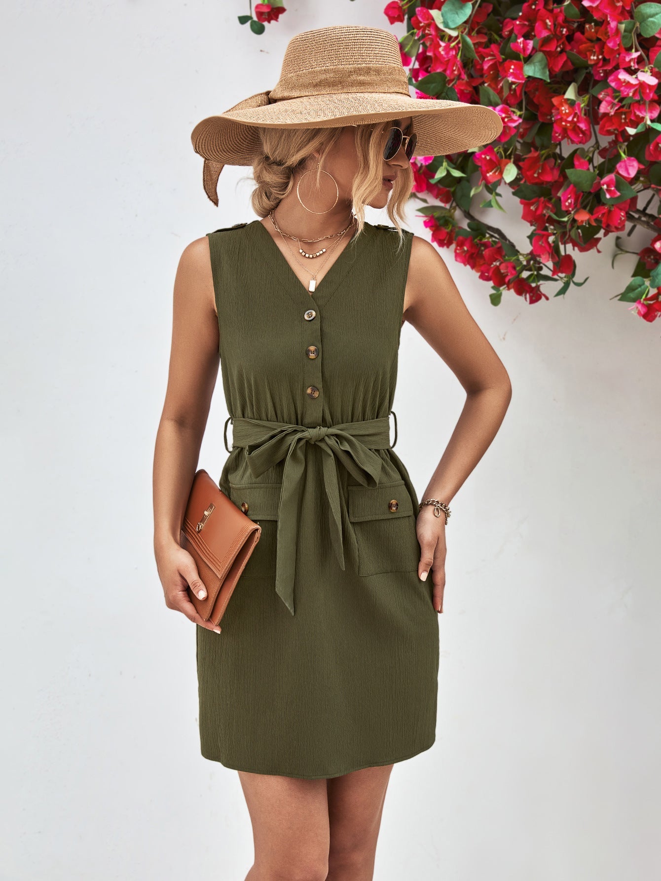 Buttoned V - Neck Belted Sleeveless Dress - Runway Regalia