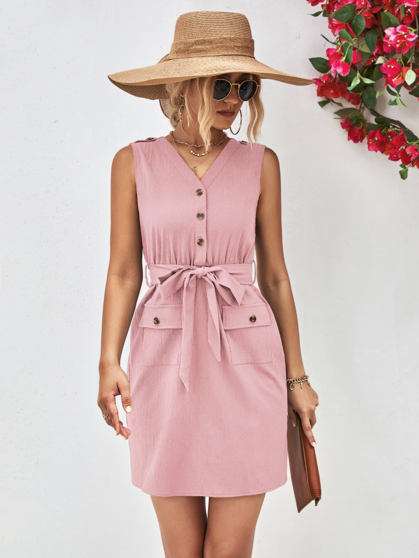 Buttoned V - Neck Belted Sleeveless Dress - Runway Regalia