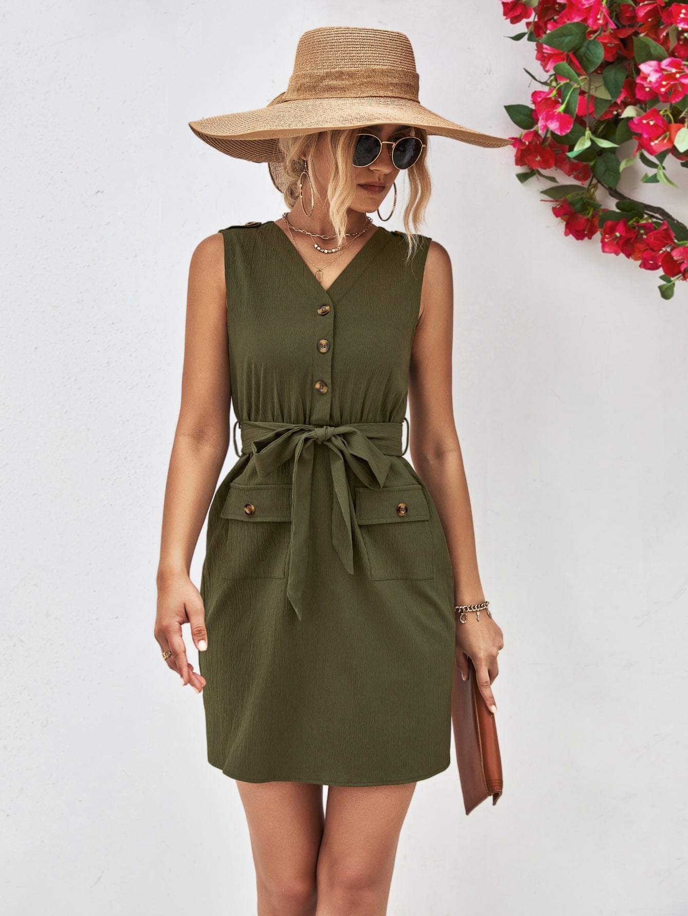 Buttoned V - Neck Belted Sleeveless Dress - Runway Regalia