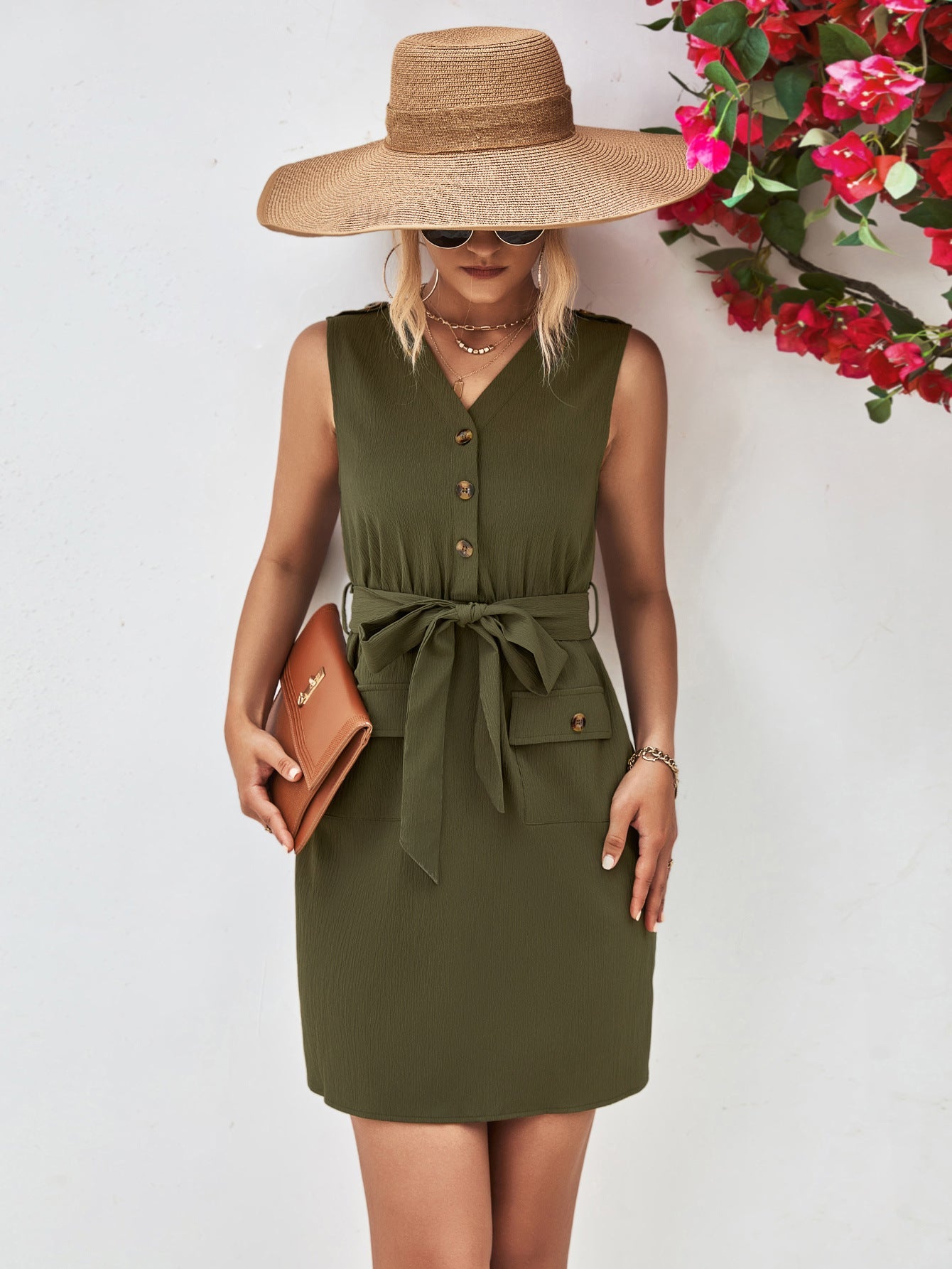 Buttoned V - Neck Belted Sleeveless Dress - Runway Regalia