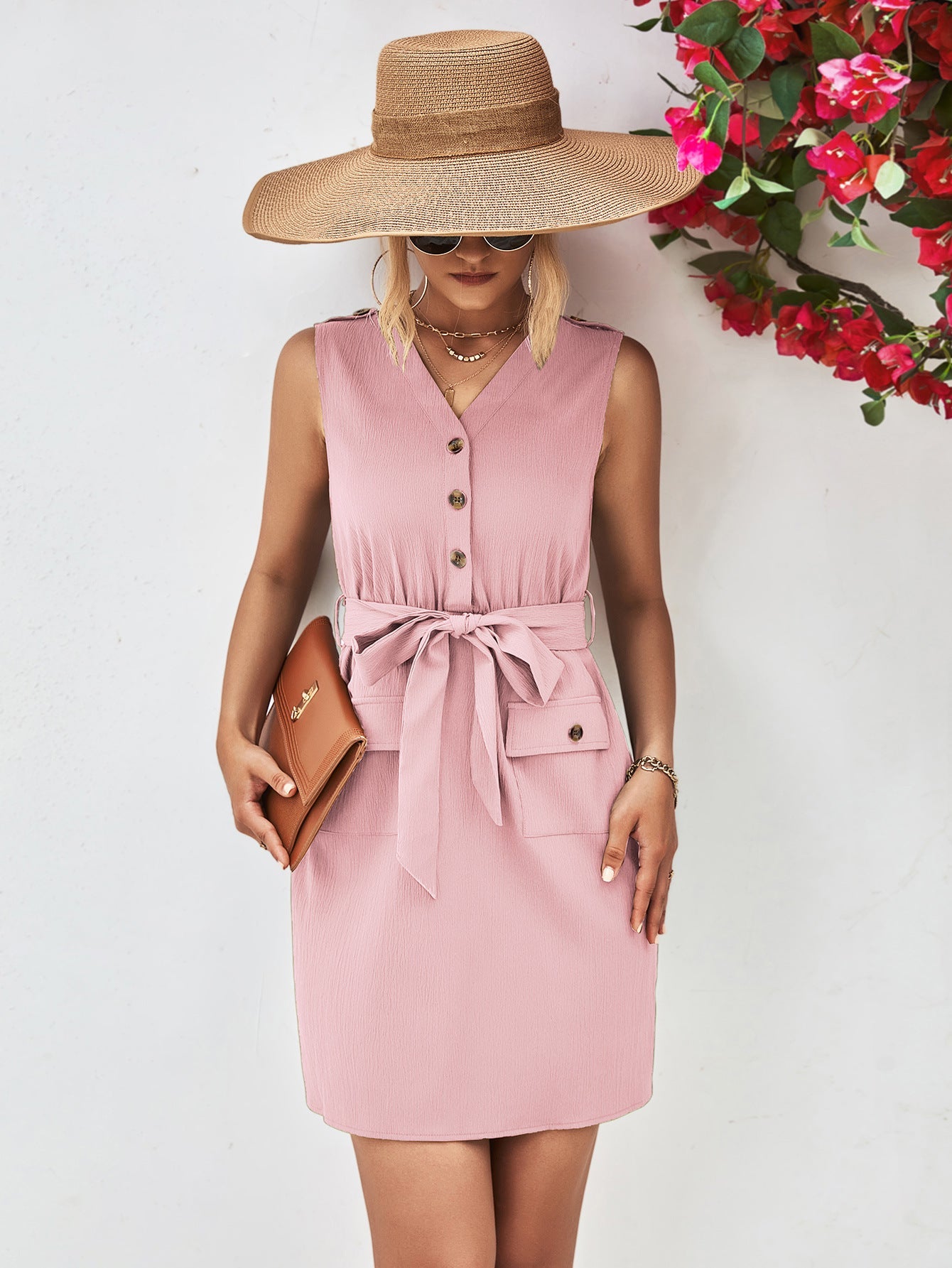 Buttoned V - Neck Belted Sleeveless Dress - Runway Regalia