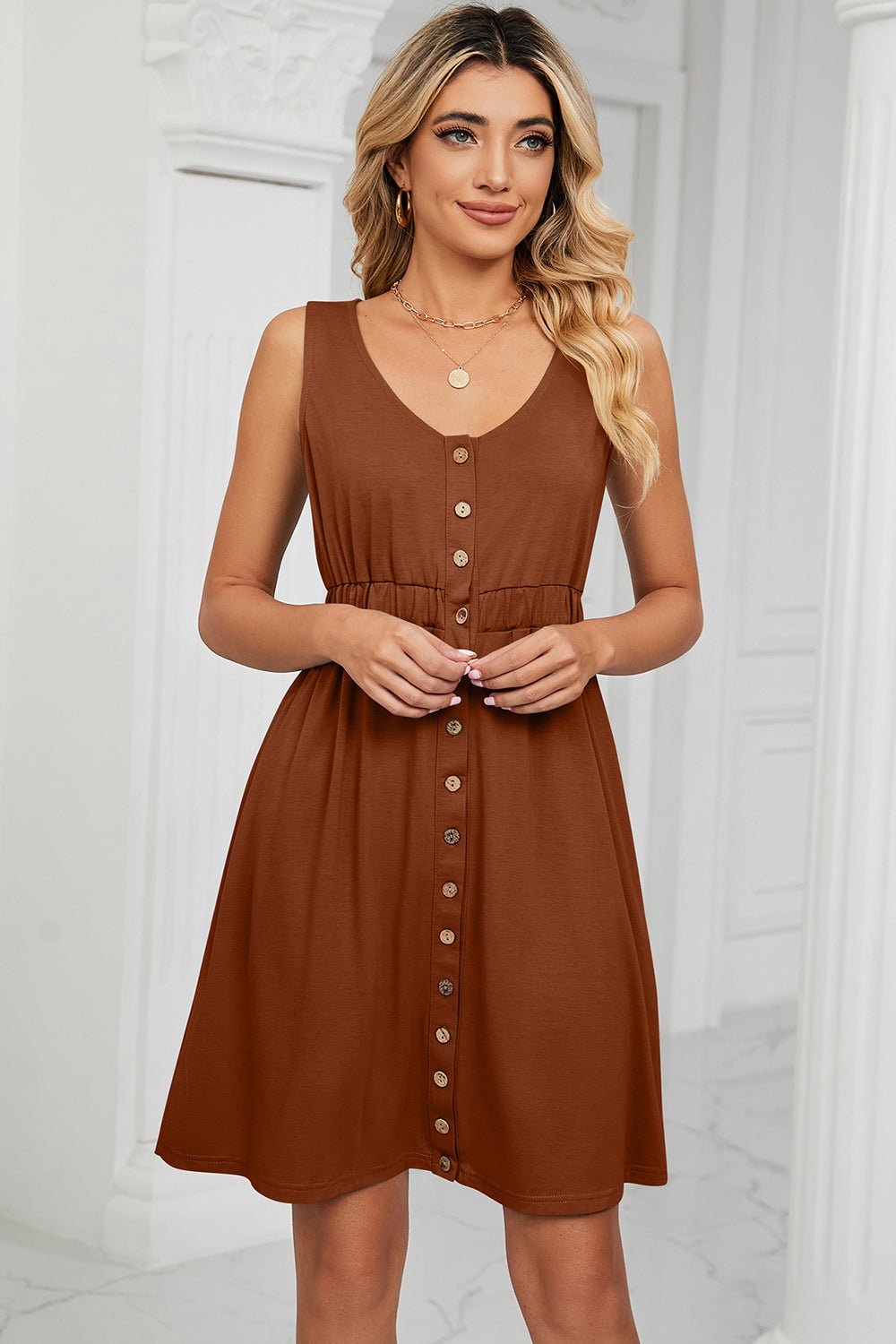 Buttoned Wide Strap Mini Dress - Runway Regalia