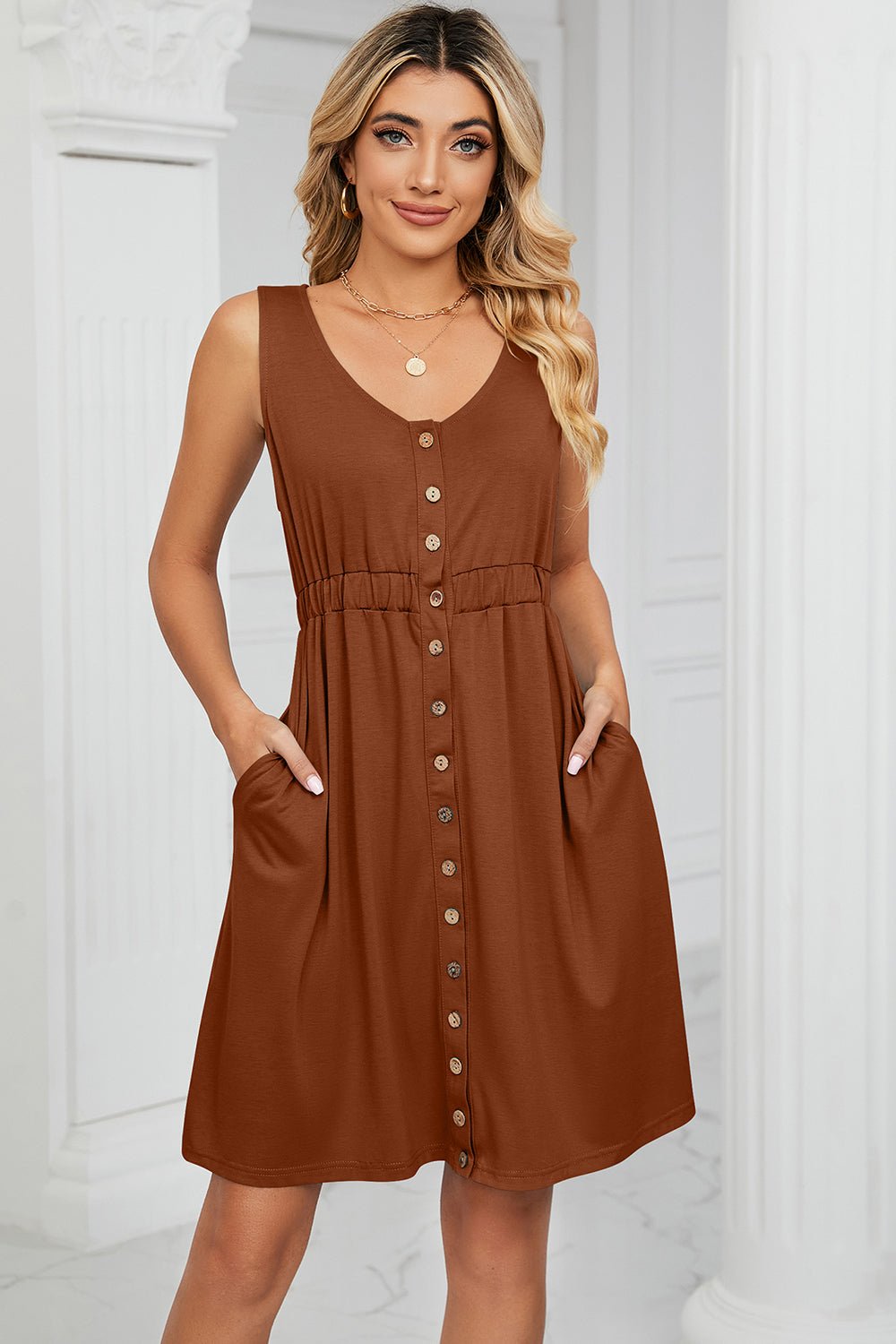 Buttoned Wide Strap Mini Dress - Runway Regalia