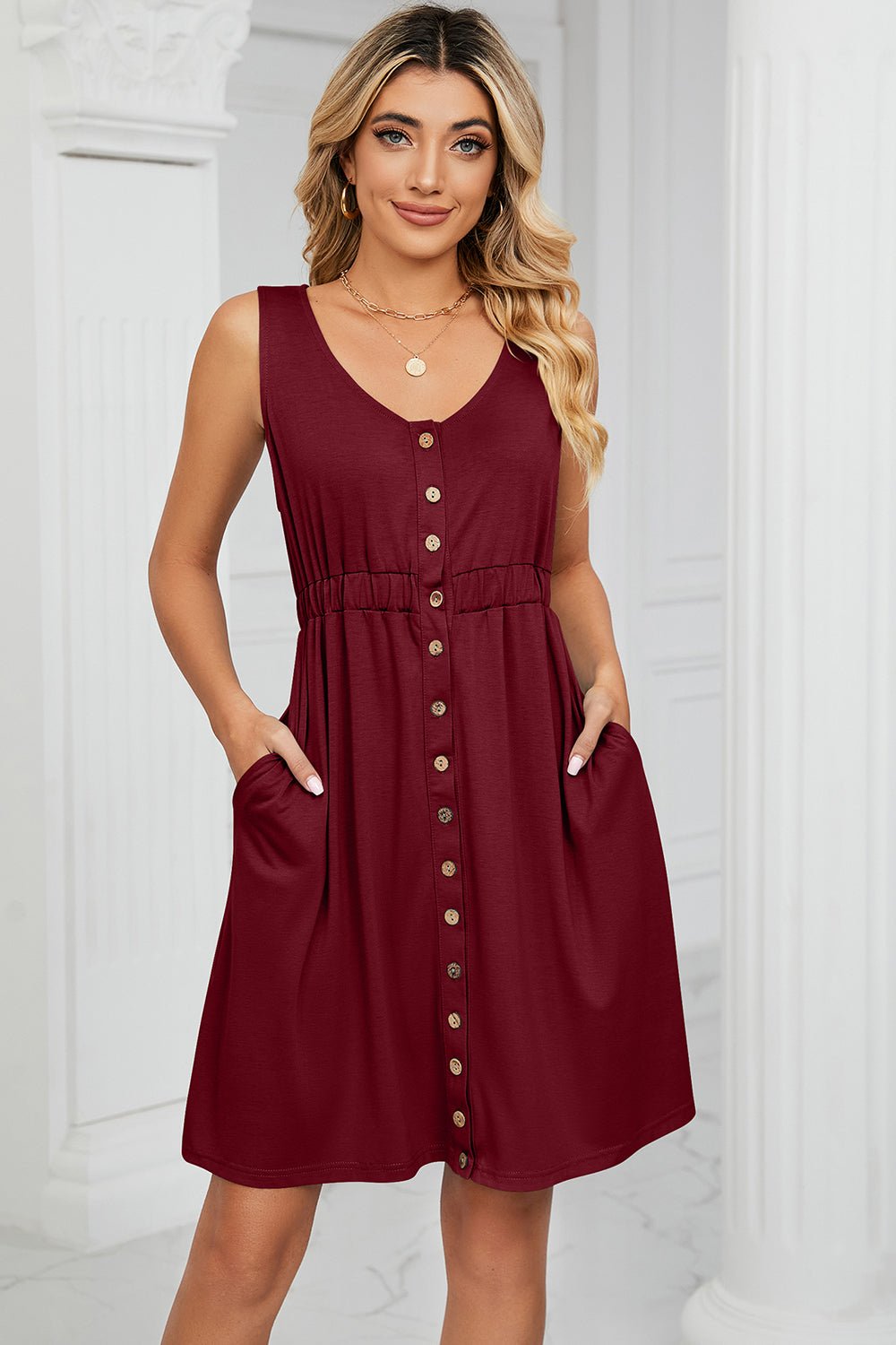 Buttoned Wide Strap Mini Dress - Runway Regalia