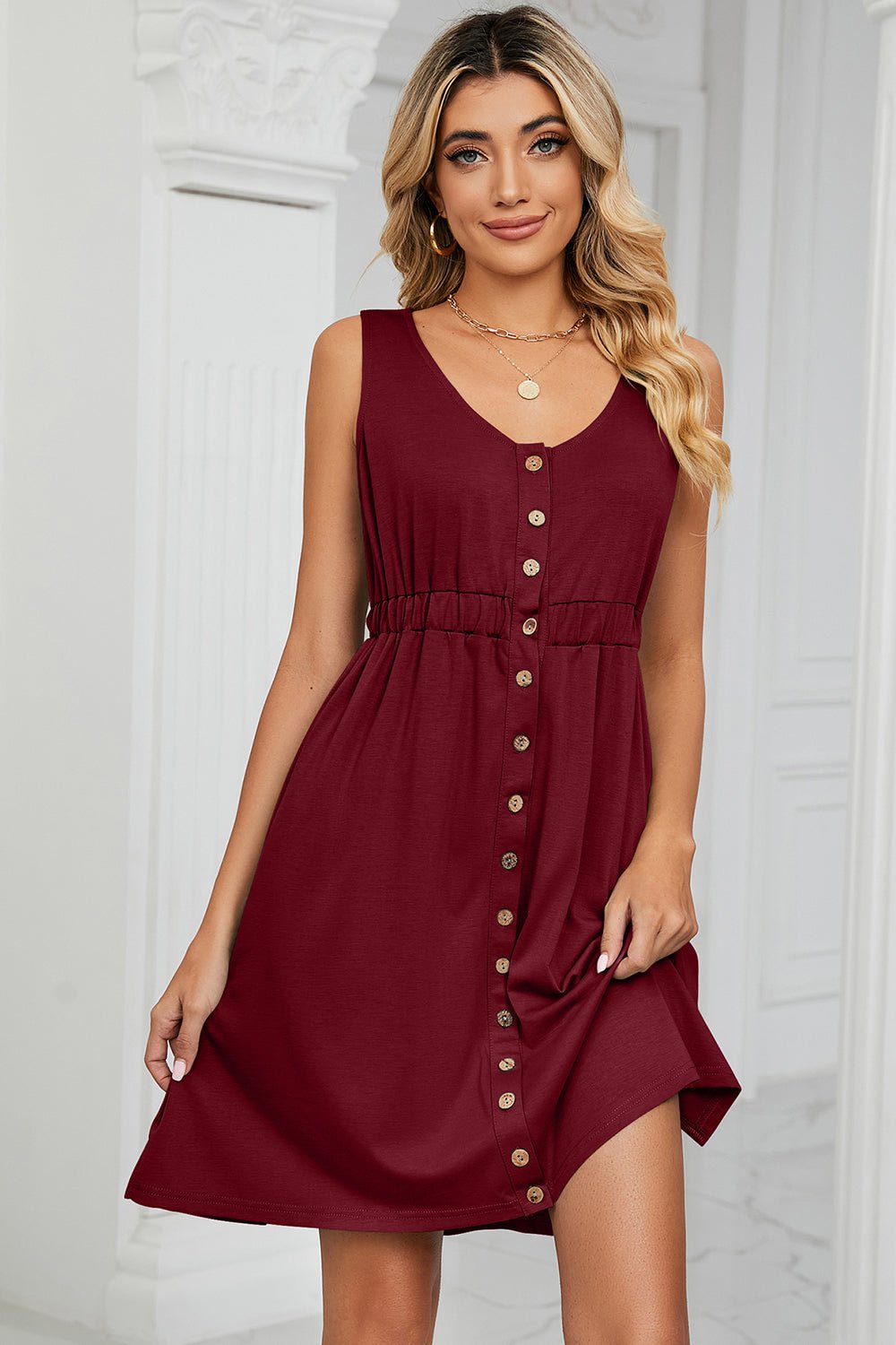 Buttoned Wide Strap Mini Dress - Runway Regalia