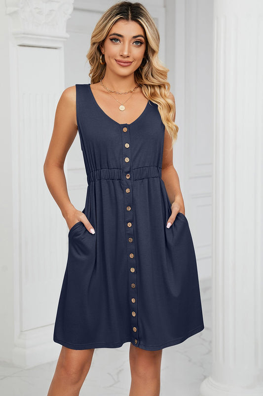 Buttoned Wide Strap Mini Dress - Runway Regalia