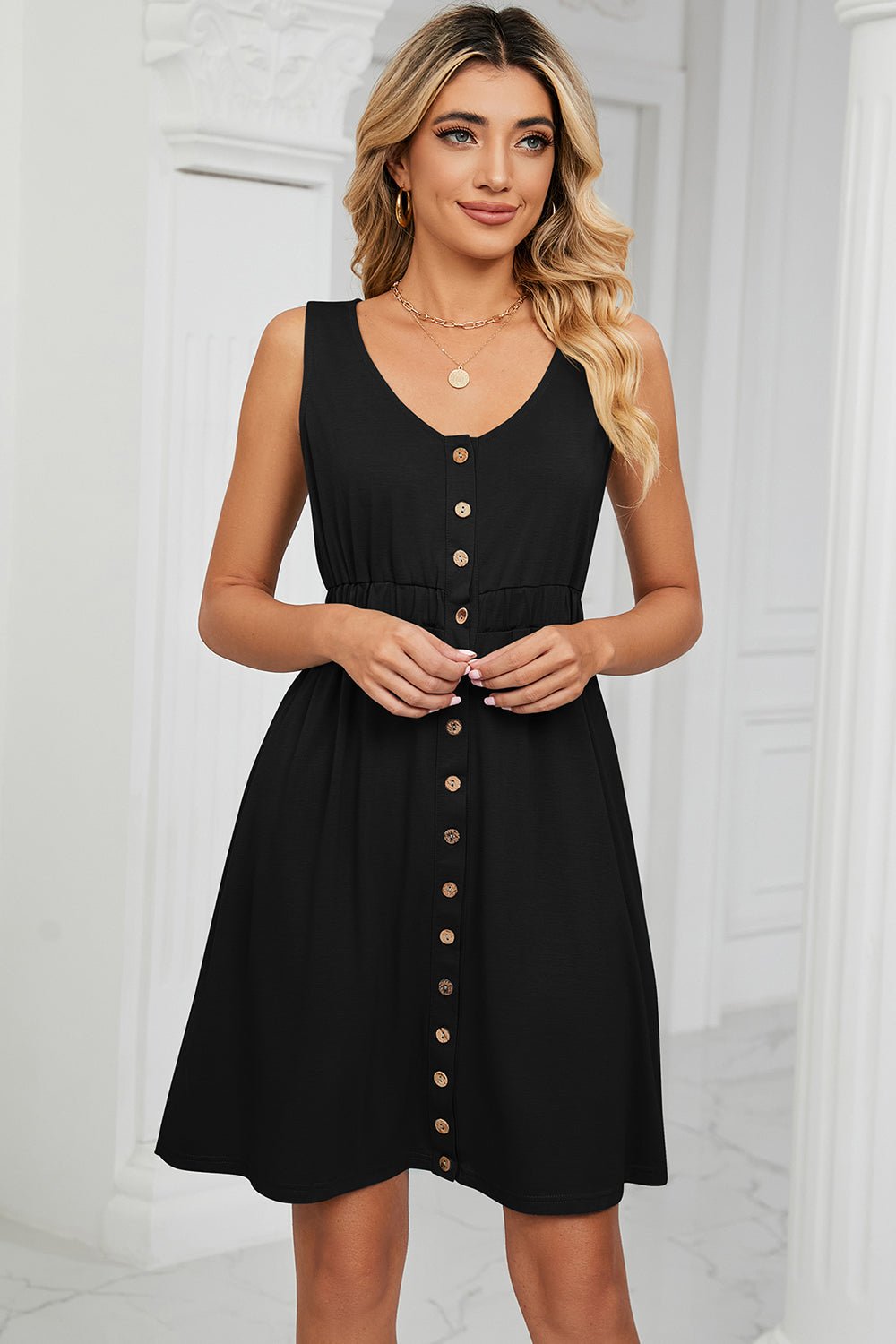 Buttoned Wide Strap Mini Dress - Runway Regalia