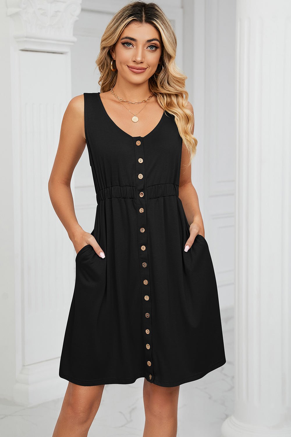 Buttoned Wide Strap Mini Dress - Runway Regalia