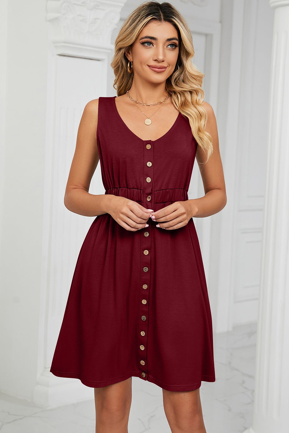 Buttoned Wide Strap Mini Dress - Runway Regalia