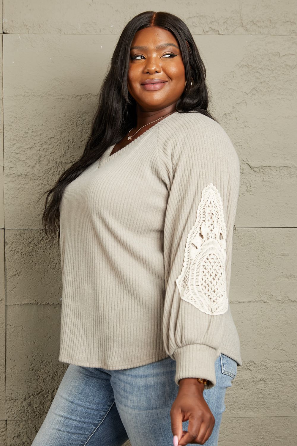 Sew In Love Full Size Lace Patch Detail Sweater