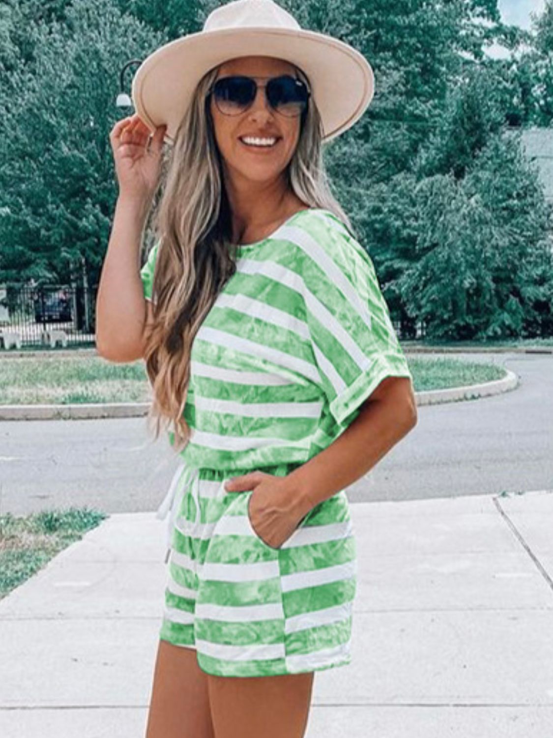 Striped Round Neck Top and Shorts Set