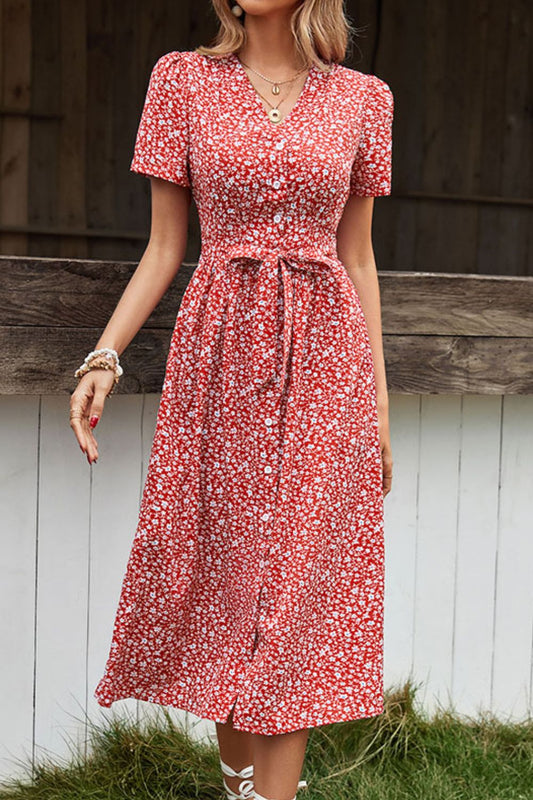 Perfee Ditsy Floral Button Front Tied Puff Sleeve Dress