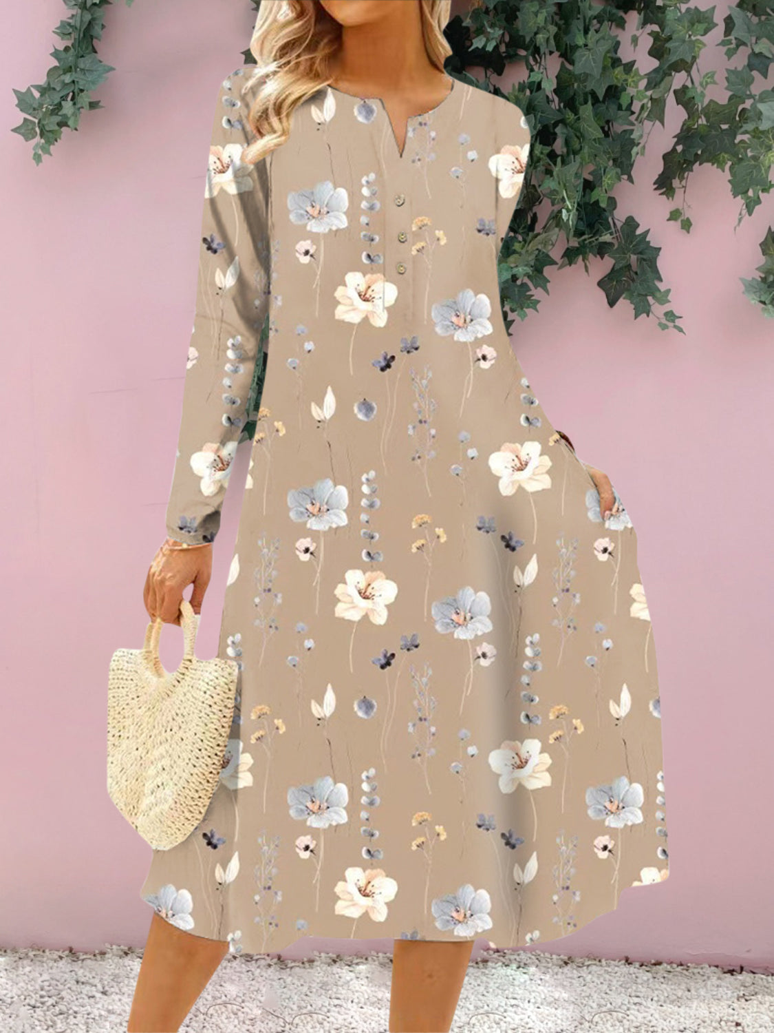 Vestido midi de manga larga con muescas y estampado floral